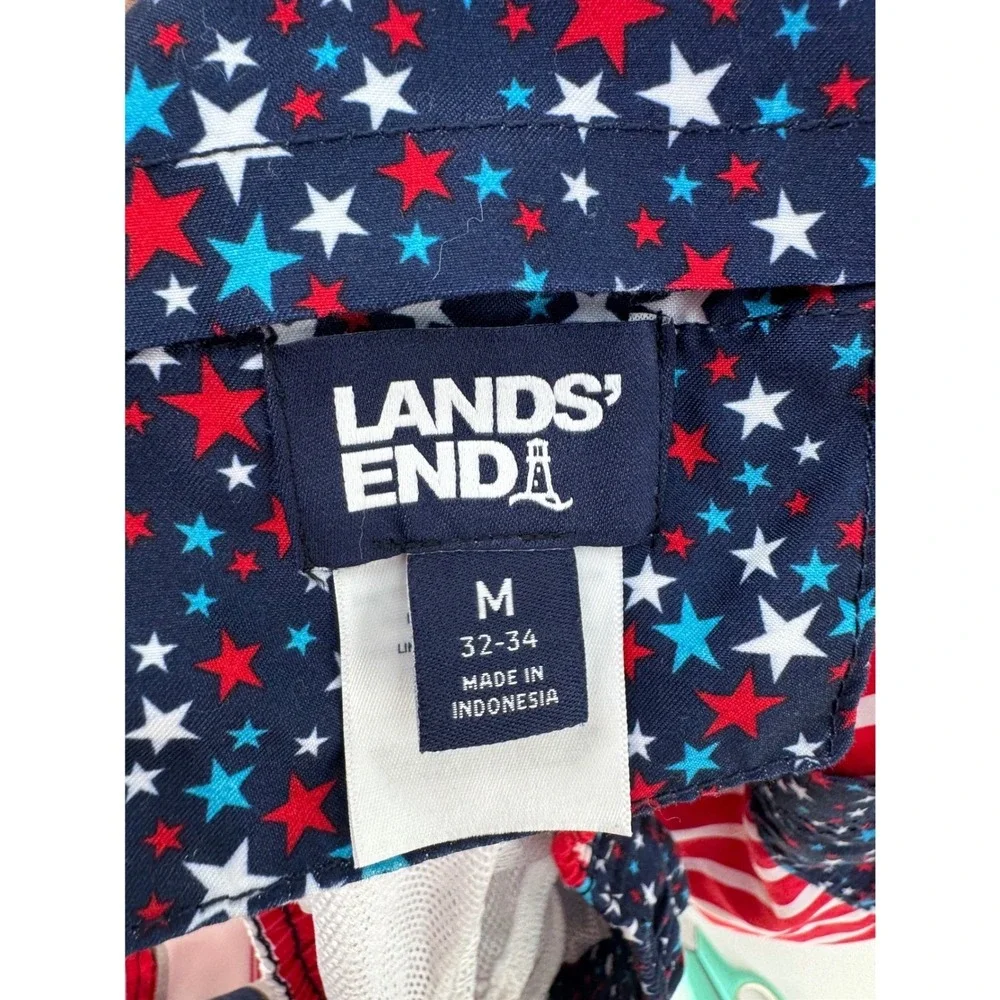 Lands' End Swim Trunks Mens Medium Red White‎ Blue USA Patriotic Stars Stripes